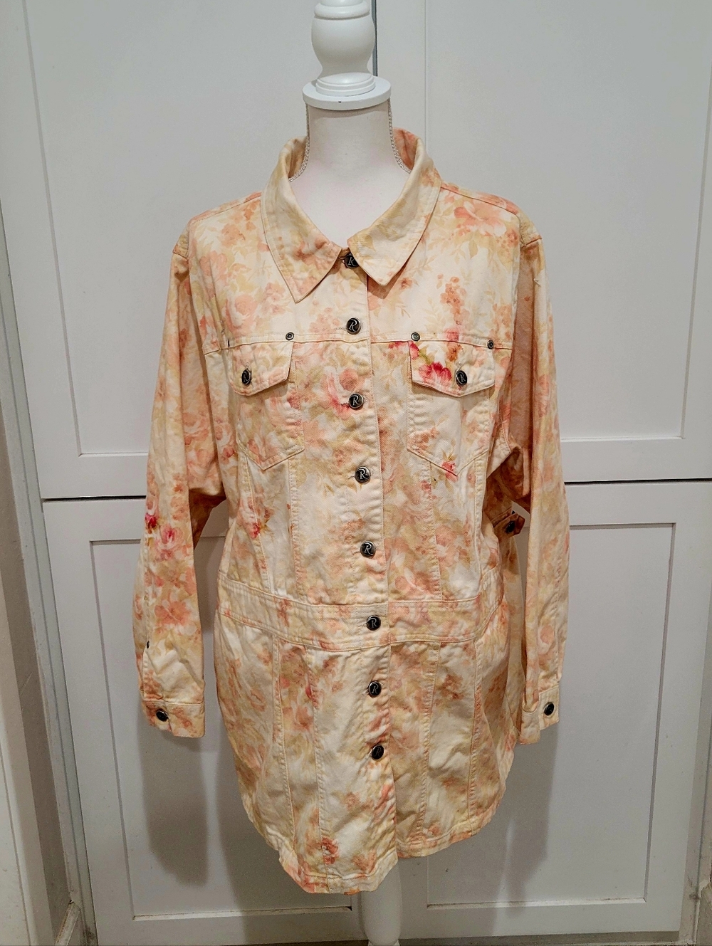 Roamans Floral Print Lightweight Long Denim Jacket - Cream & Peach | Size 23W
